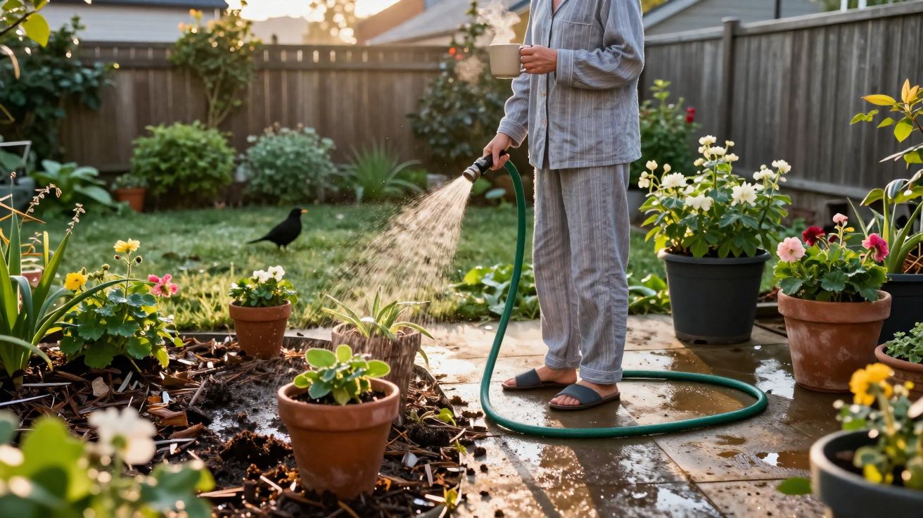 Pessoa em pijama rega plantas num jardim com mangueira ao amanhecer.