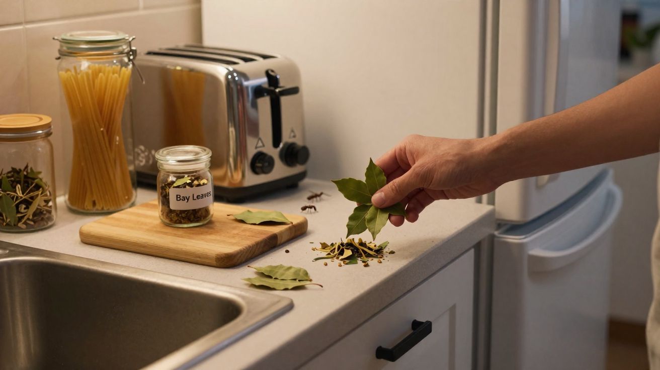 Mão a segurar folhas de louro numa cozinha com condimentos, massa num frasco e uma torradeira no balcão.