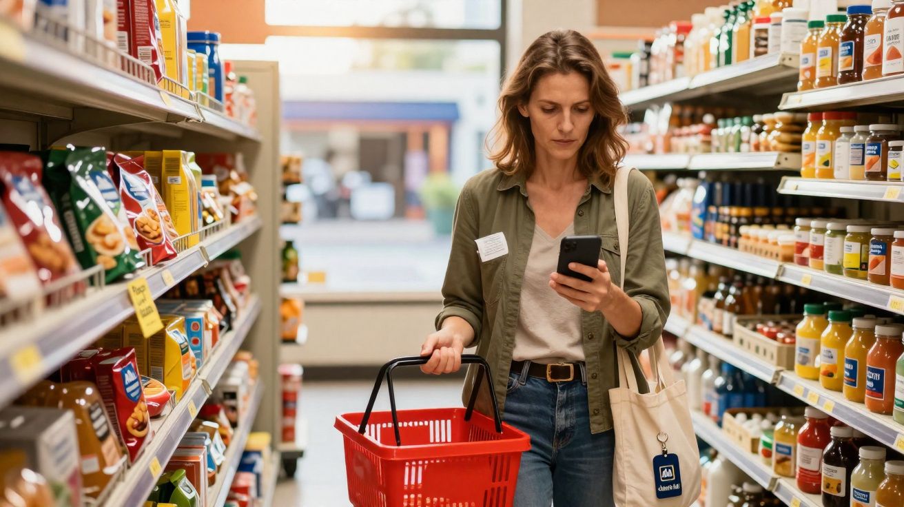 Mulher a usar telemóvel enquanto faz compras num corredor de supermercado com cesto vermelho na mão.