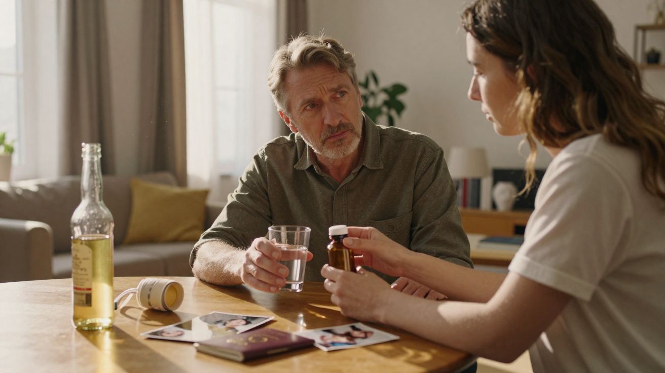 Mulher oferece medicamento a homem preocupado sentado à mesa com fotografias e bebida.