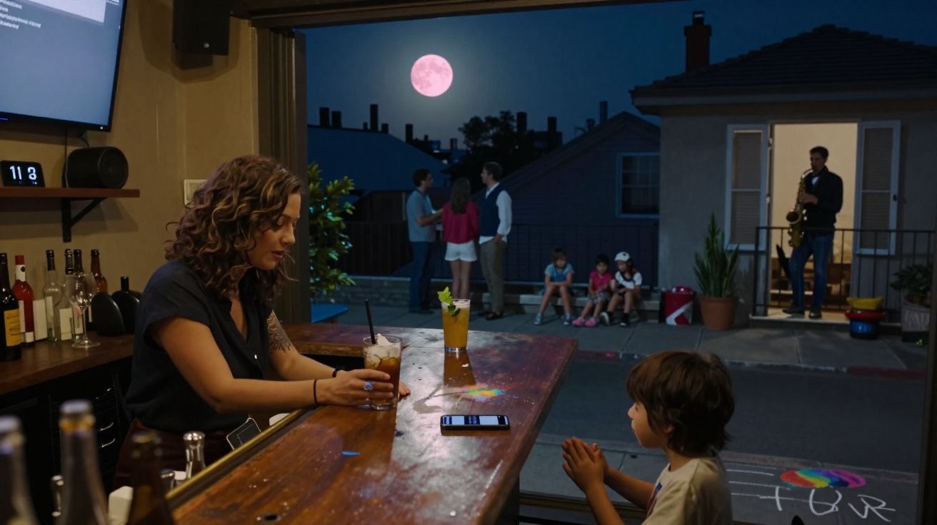 Mulher e criança numa barraquinha de bebidas à noite, com grupo de pessoas e lua cheia ao fundo.