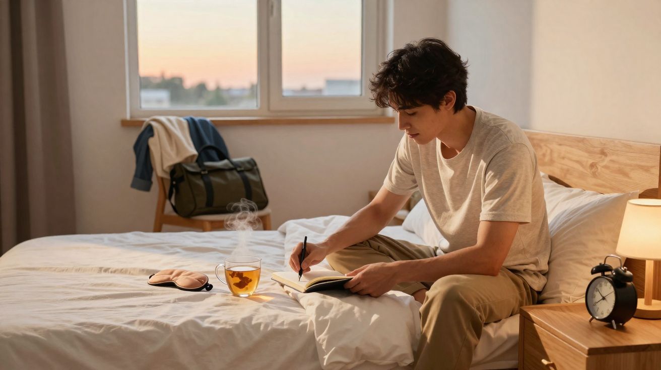 Pessoa sentada na cama a escrever num caderno, com chá quente e máscara de dormir ao lado.