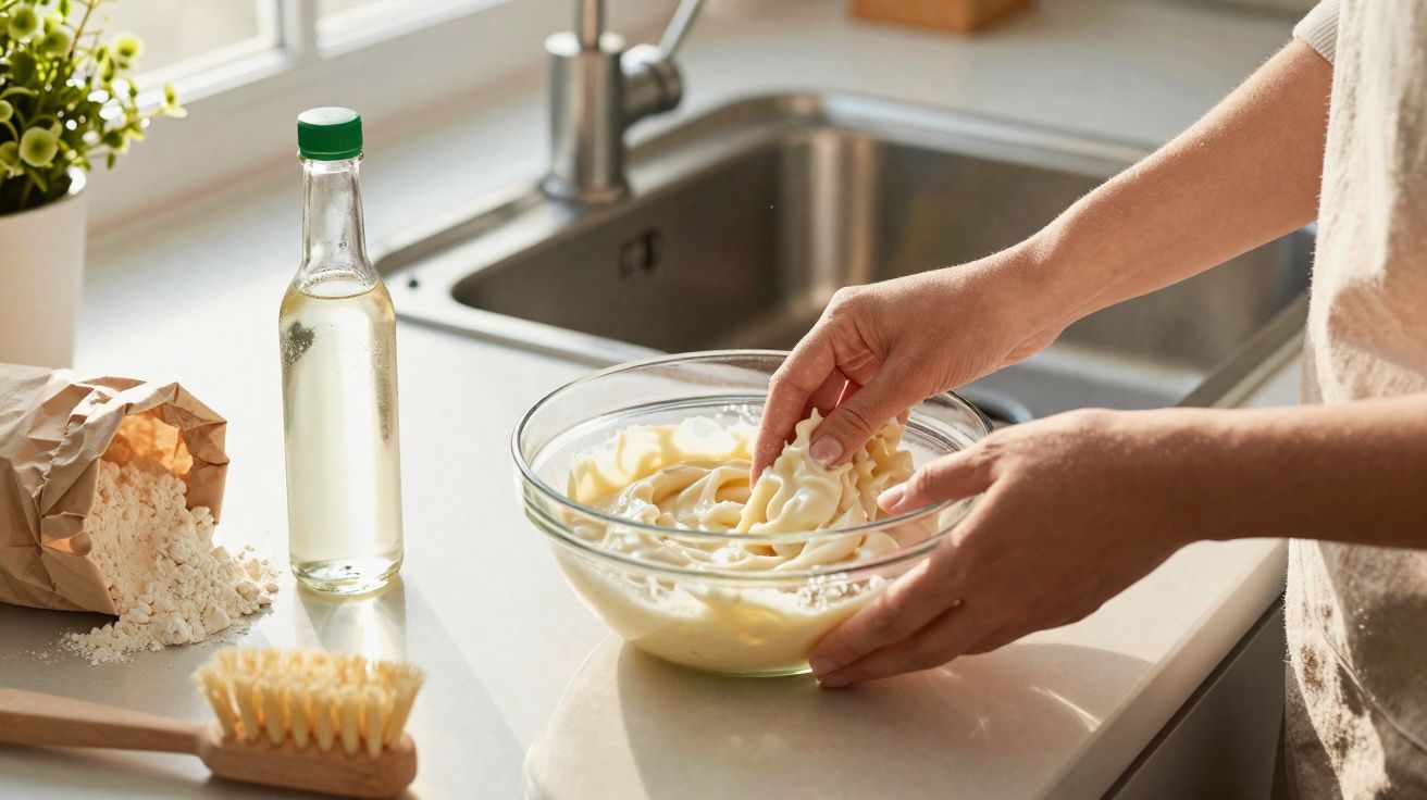 Mãos mergulhando numa tigela com massa amarela ao lado de farinha, óleo e uma escova de limpeza na cozinha.