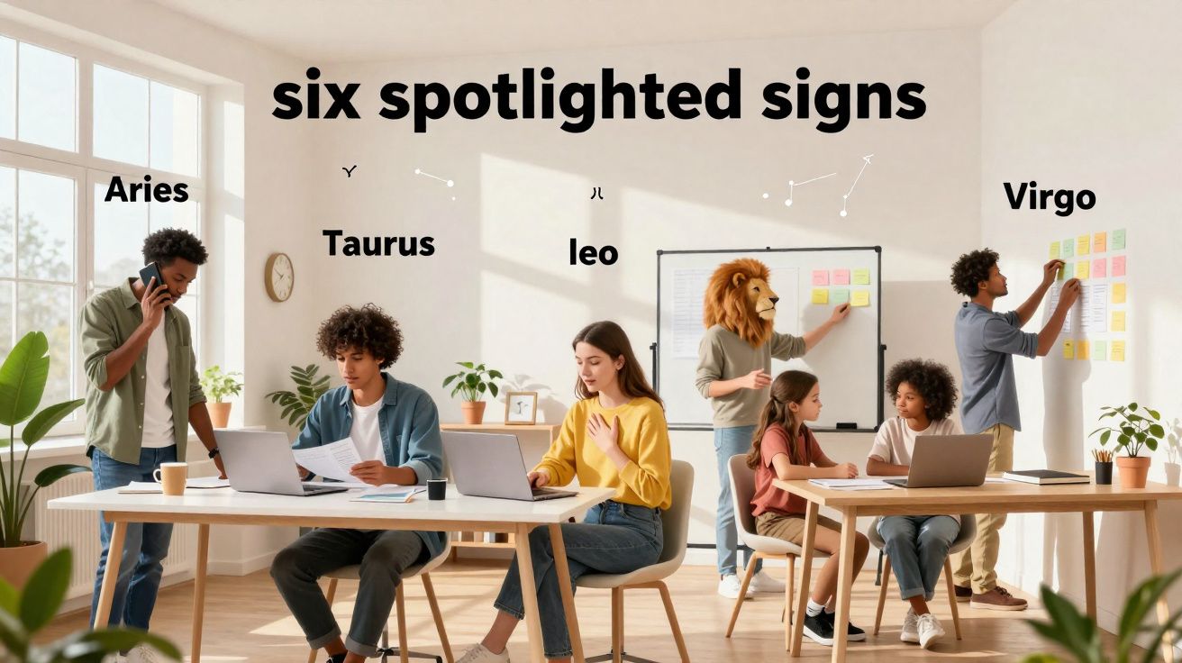 Sala de escritório com seis pessoas a trabalhar, uma usando máscara de leão, etiquetas de signos no ar.