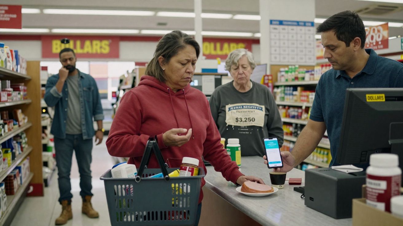 Mulher com cesto cheio faz pagamento digital na caixa de supermercado com outras pessoas ao fundo.