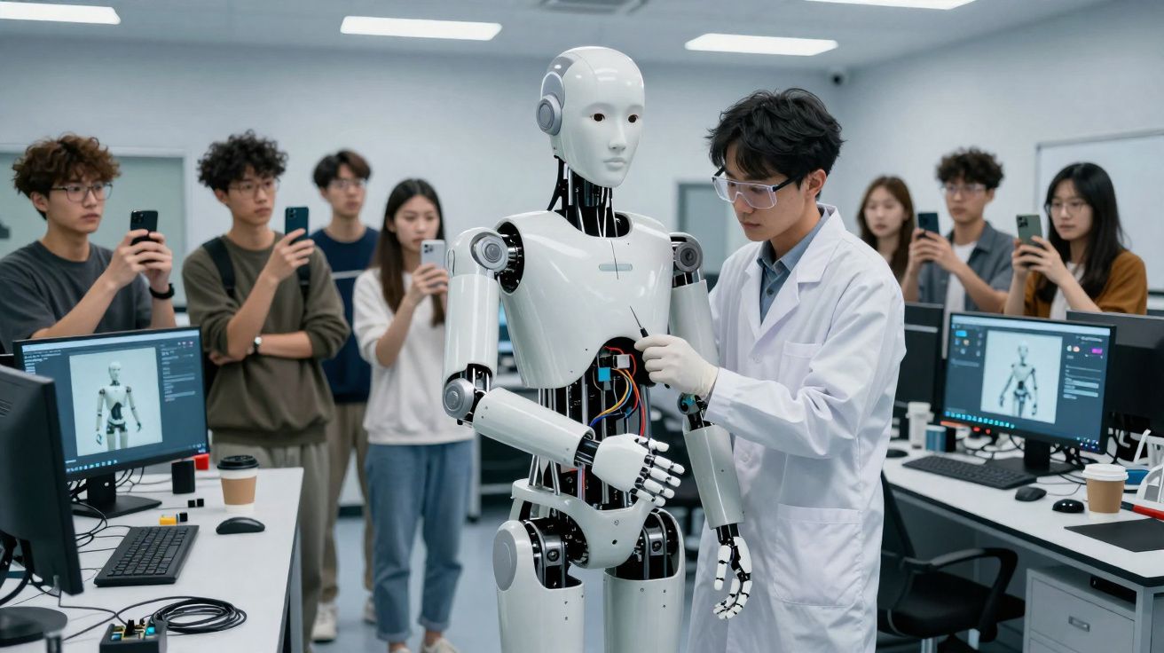 Engenheiro em bata branca ajusta robô humanoide enquanto grupo observa e fotografa em laboratório tecnológico moderno.