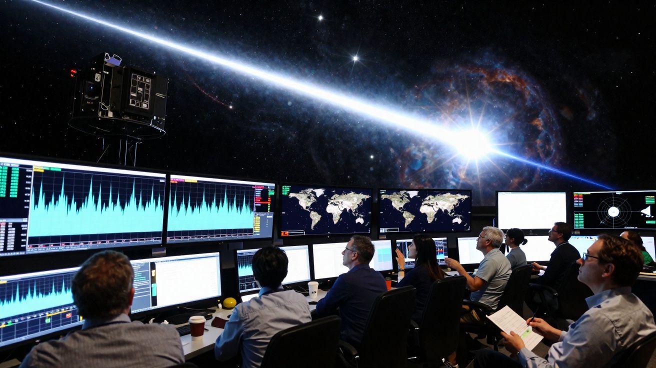 Equipe de cientistas em sala de controlo a monitorizar dados em vários ecrãs com fundo de espaço e explosão estelar.