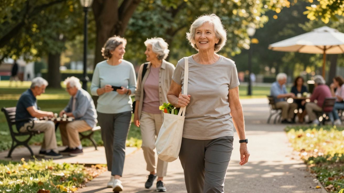 Grupo de idosos felizes a caminhar e socializar num parque ensolarado com árvores e bancos.