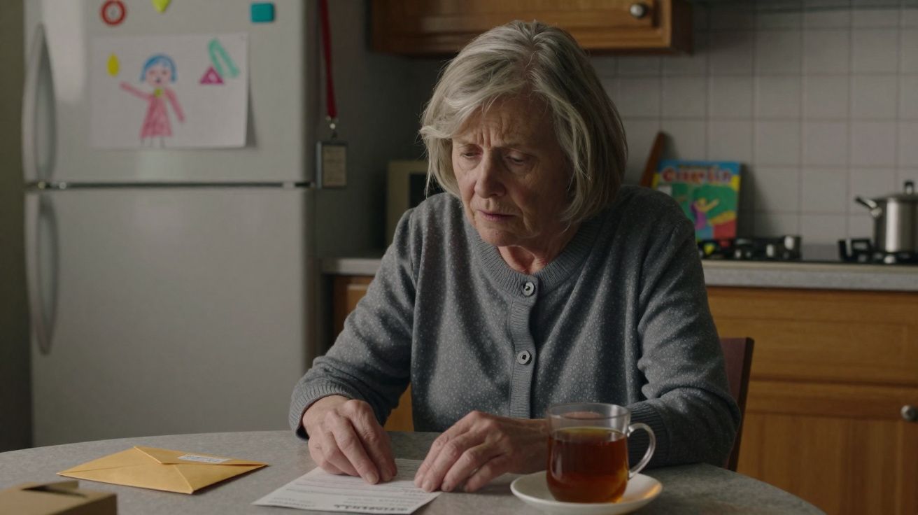 Idosa sentada a uma mesa de cozinha a ler uma carta com chá ao lado.