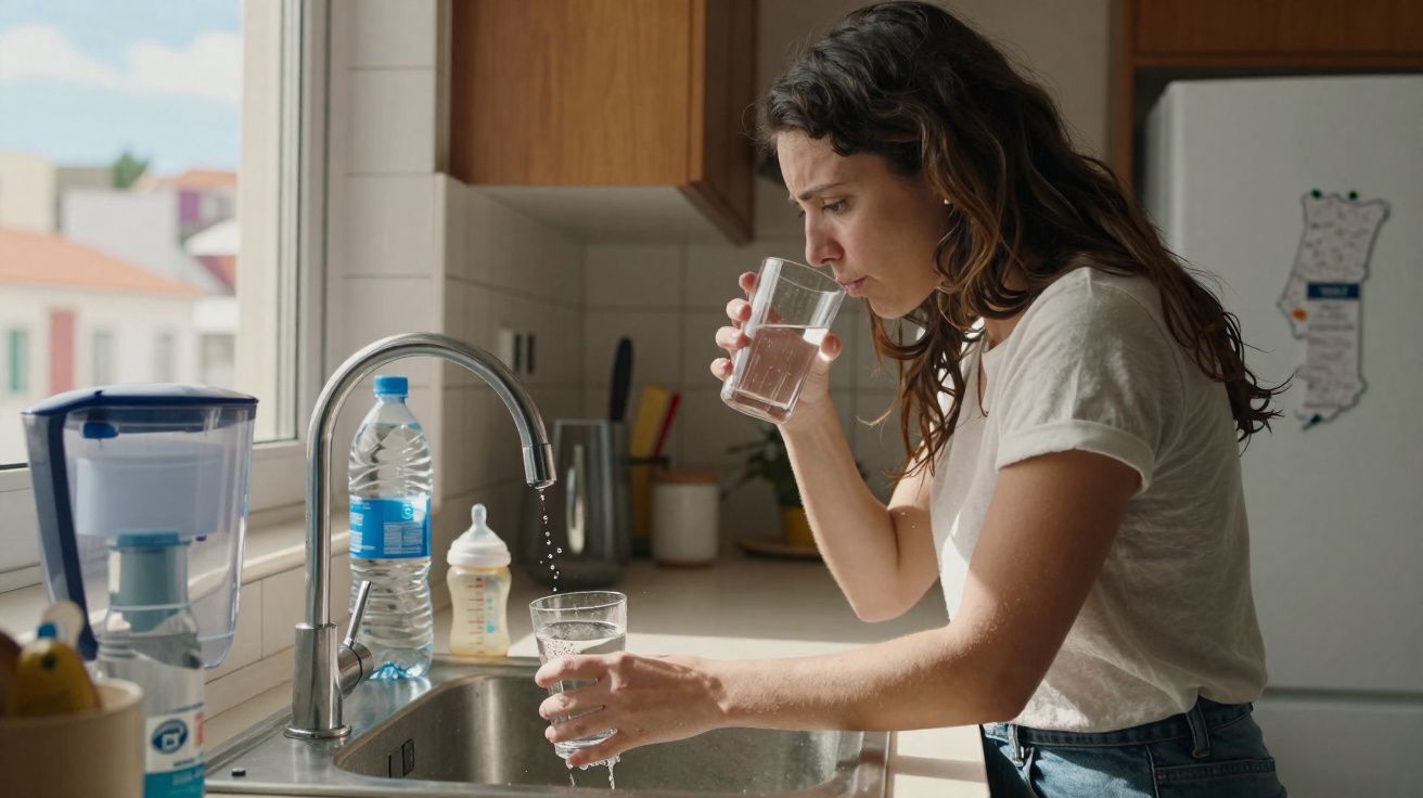 Mulher a encher copo de água na cozinha junto à janela, prestes a beber.