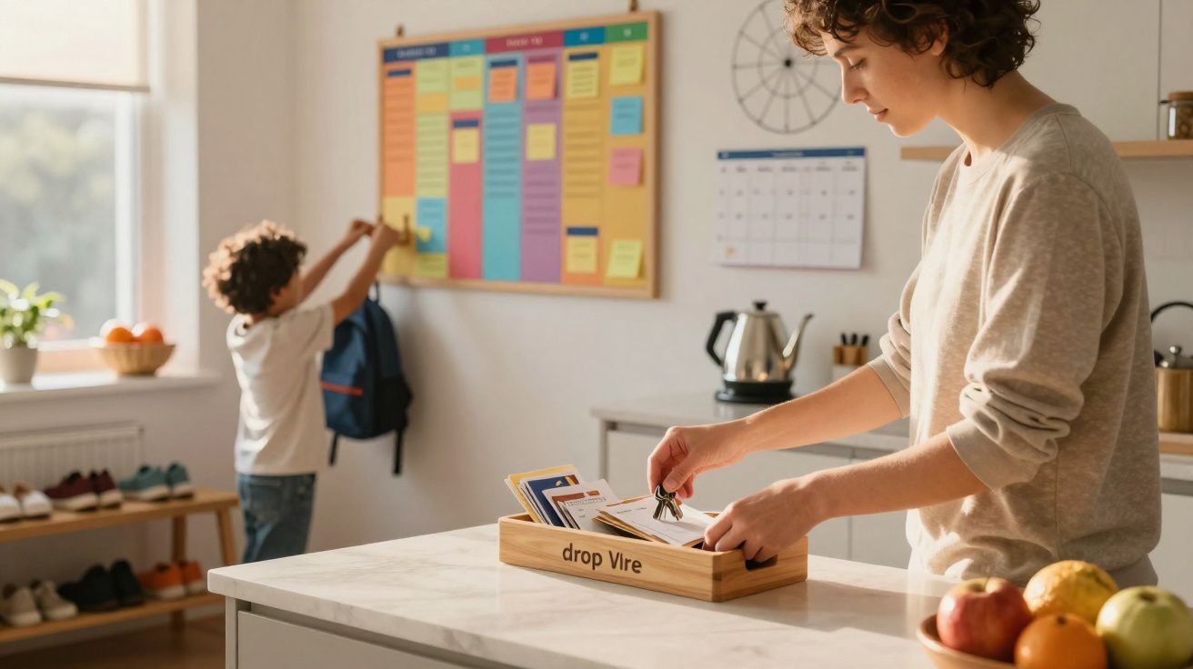 Mulher organiza chaves numa caixa na cozinha enquanto menino coloca mochila num quadro de tarefas.