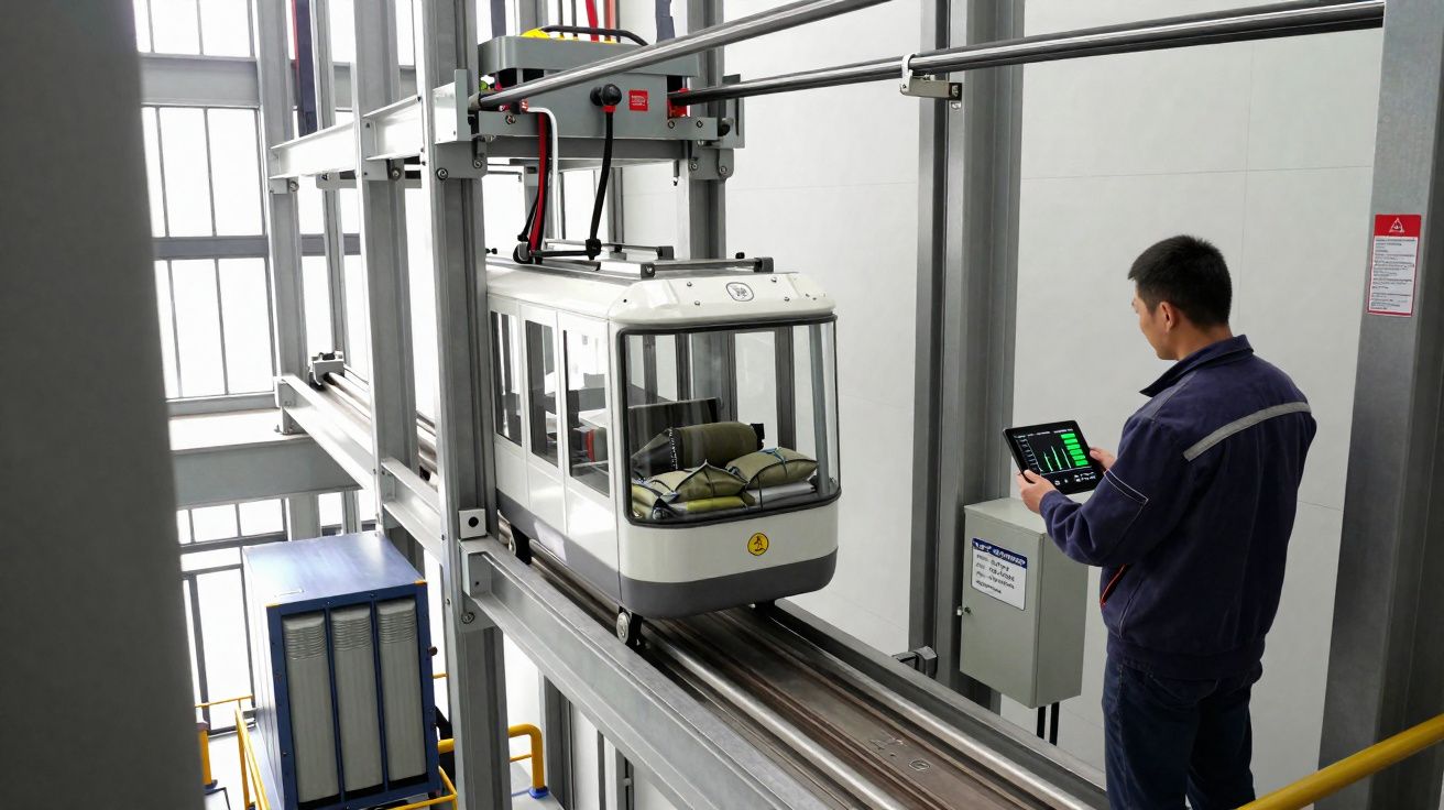 Homem com tablet controla elevador de cabine em estrutura metálica, cenário industrial moderno.