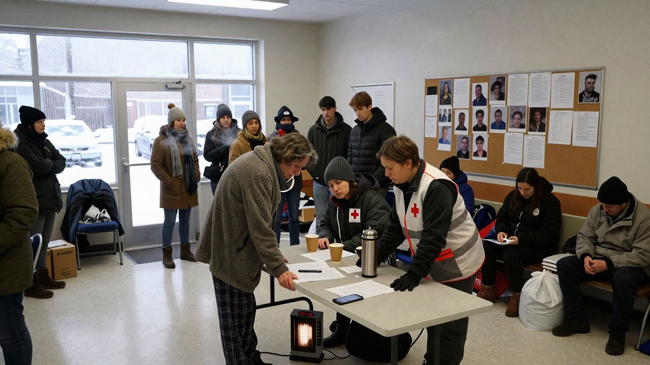 Pessoas registrando-se numa sala de abrigo com voluntários da Cruz Vermelha a ajudar.