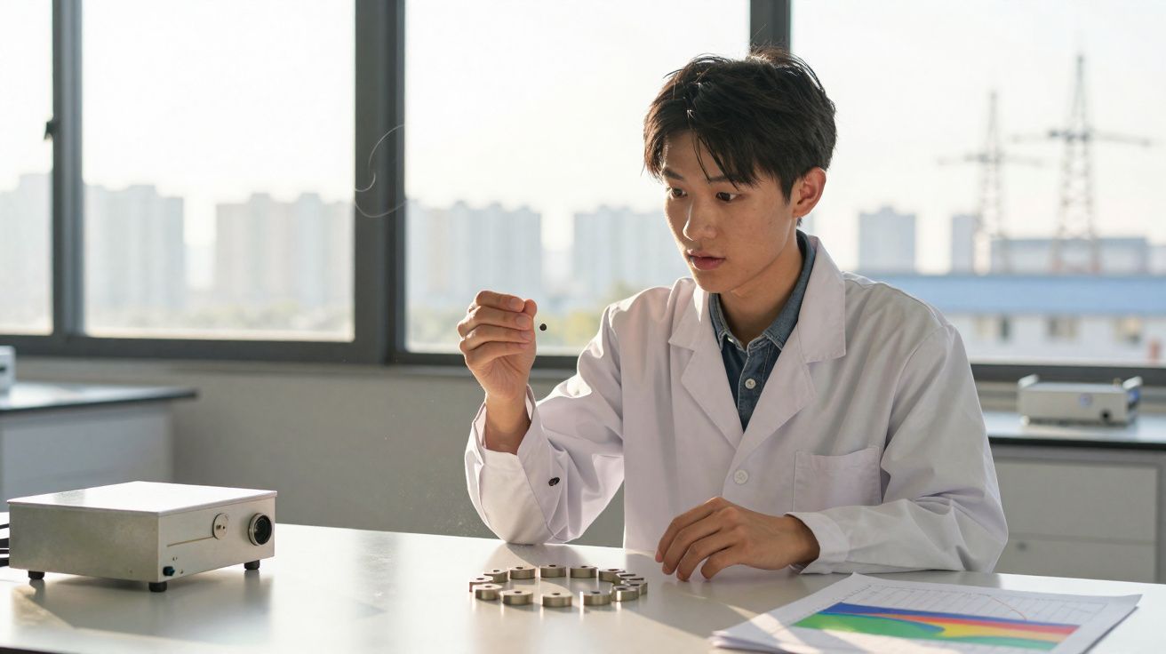 Jovem cientista asiático com bata branca analisa pequena peça em laboratório iluminado por luz natural.