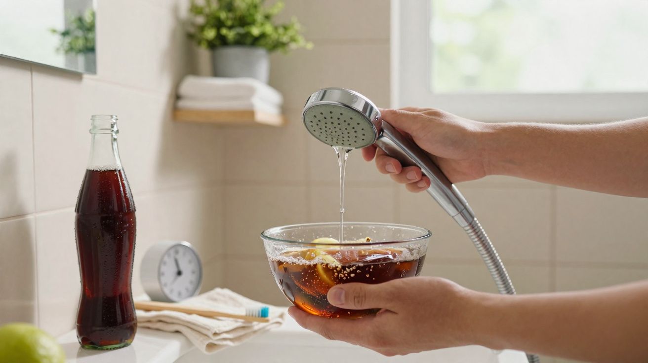 Pessoa a despejar água de chuveiro numa taça com refrigerante e limão dentro de uma casa de banho.