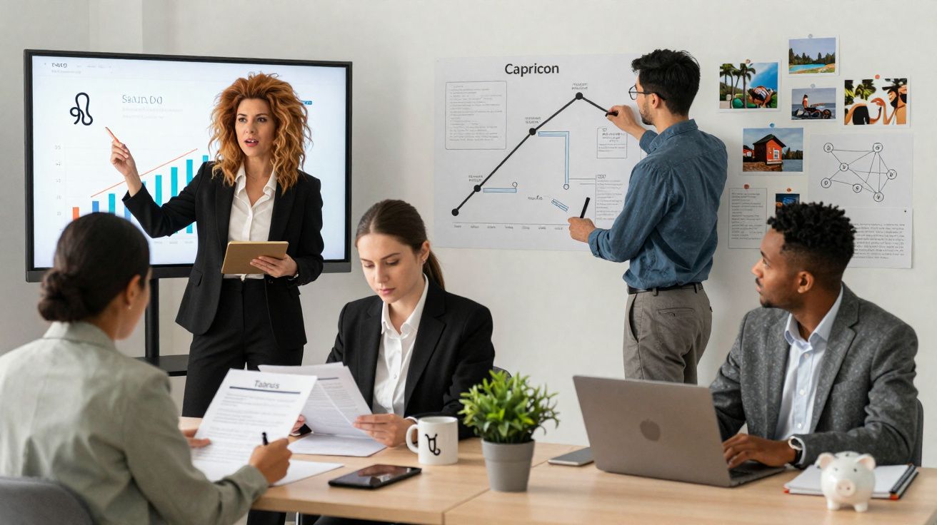Equipa de trabalho em reunião analisando gráficos e documentos num escritório moderno.