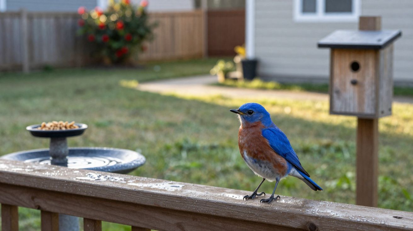 Pássaro azul e castanho pousado numa varanda de madeira com um comedouro e uma casa de pássaros ao fundo.