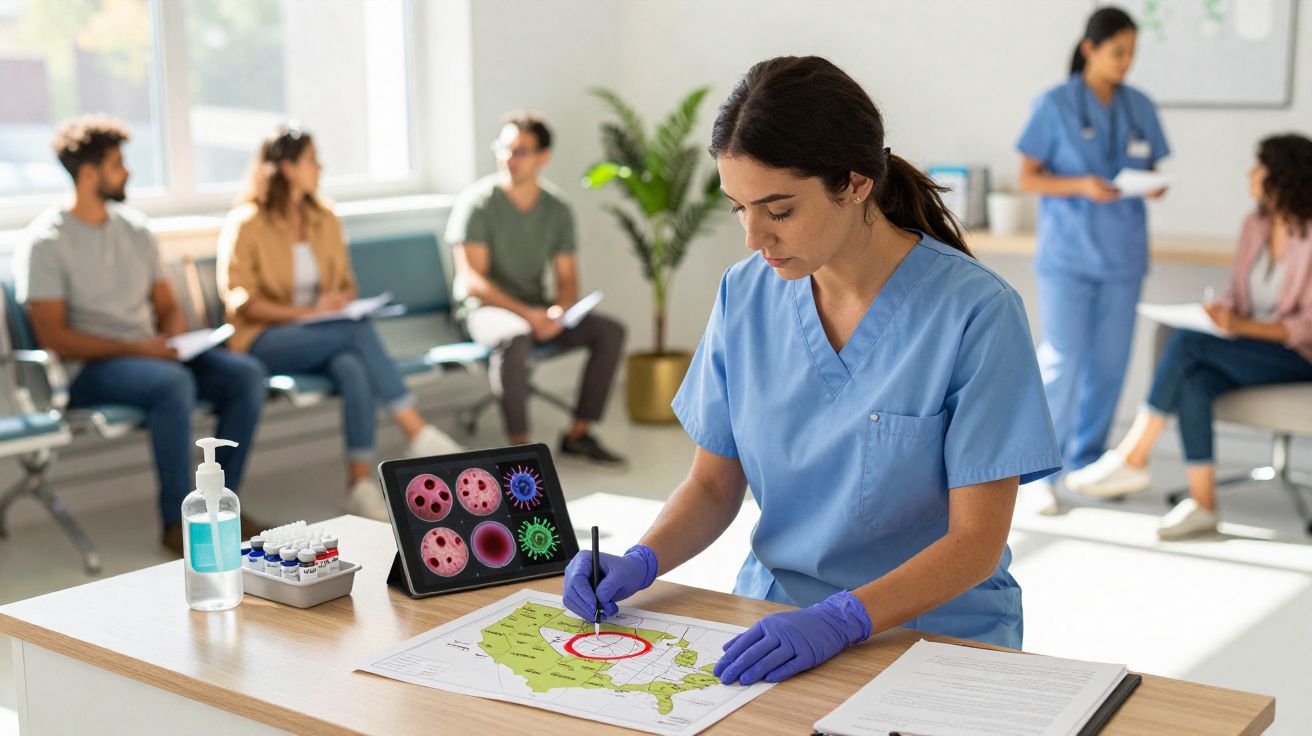 Profissional de saúde a marcar mapa com vírus, pessoas em espera e frascos de teste na sala de cuidados.