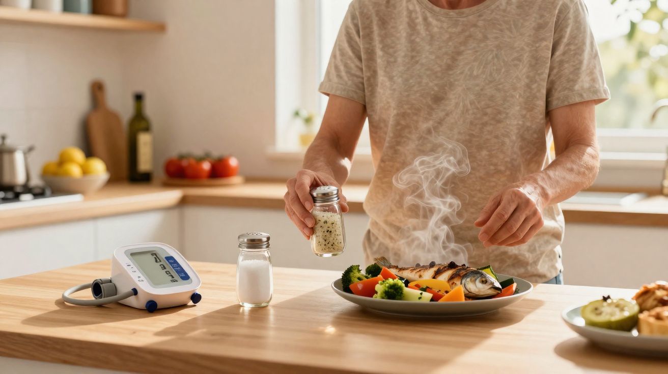 Pessoa tempera peixe grelhado com legumes numa cozinha, com medidor de pressão arterial à mesa.
