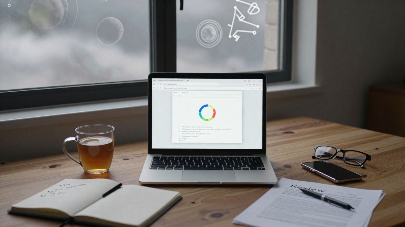 Computador portátil aberto com gráfico, chá, caderno, documentos e óculos numa mesa de madeira junto à janela.