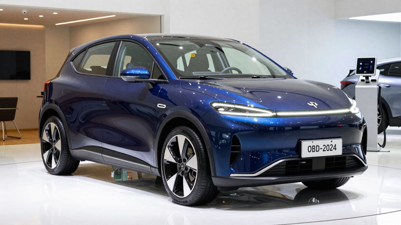Carro elétrico azul com design moderno exposto em ambiente interior com chão branco.