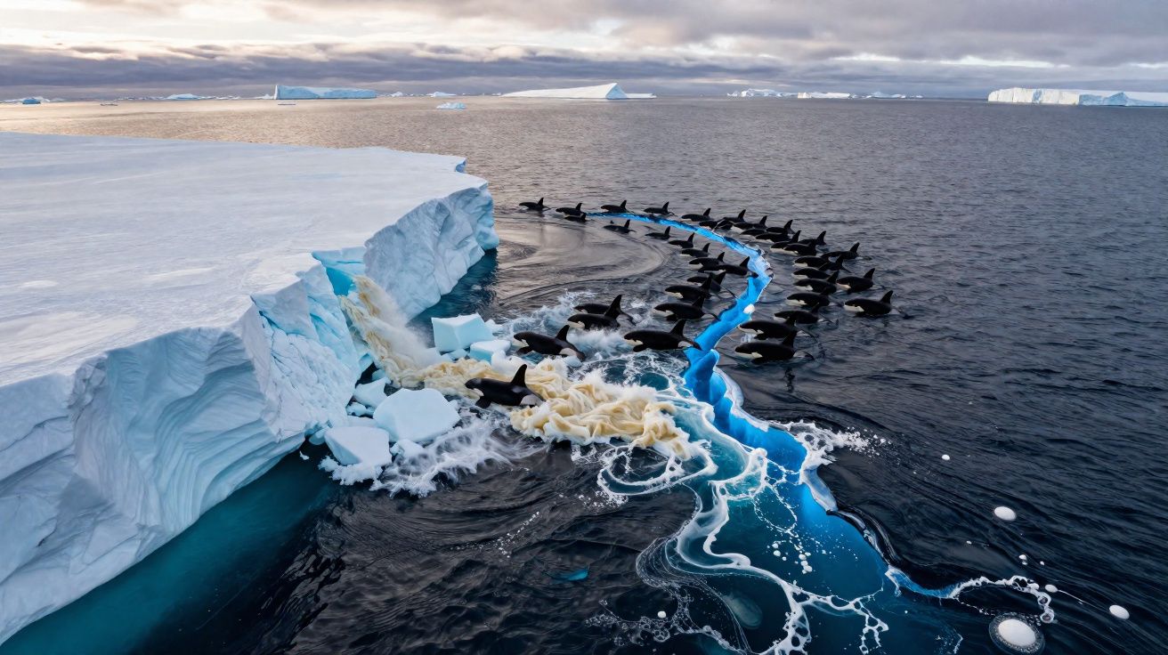 Orcas nadam em círculo perto de um bloco de gelo azul na água gelada do oceano com icebergs ao fundo.