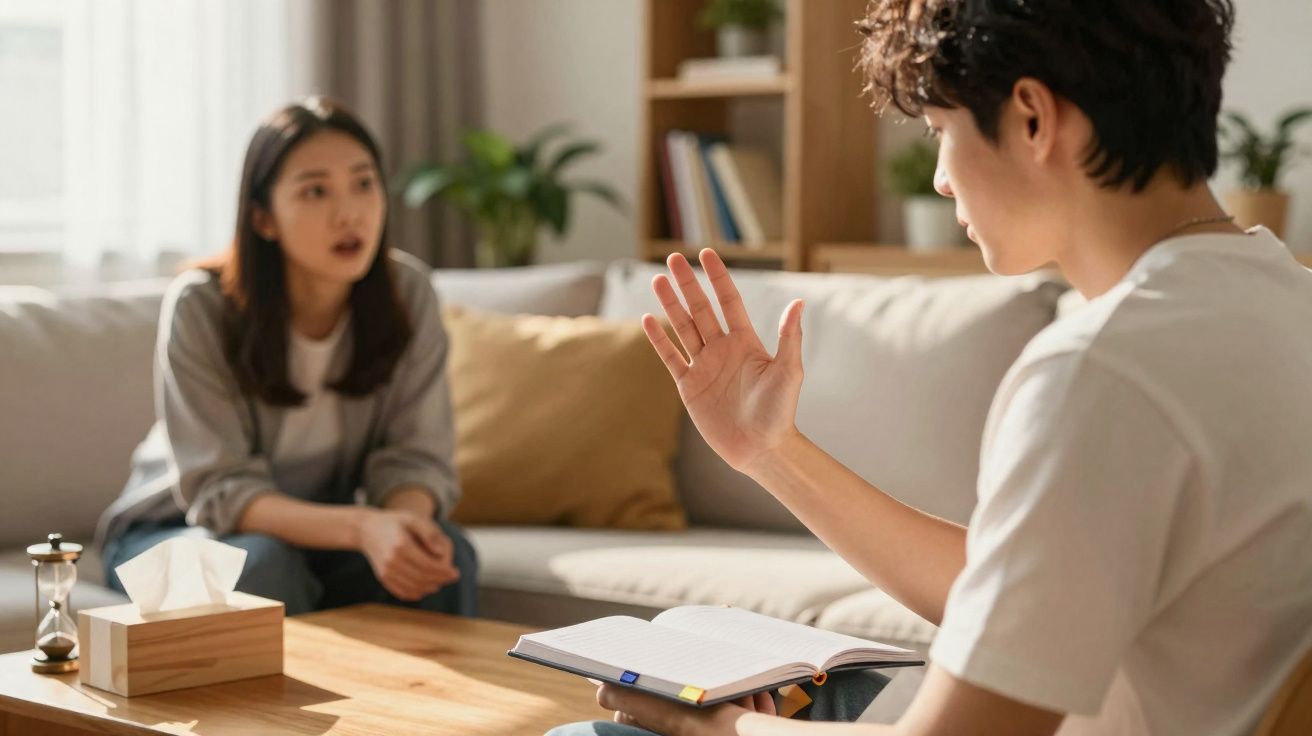 Homem e mulher conversam sentados em sala iluminada, com livro aberto e caixa de lenços na mesa.