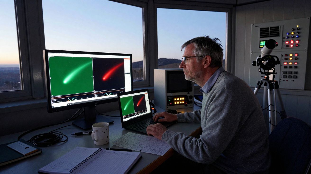 Homem sentado a observar imagens de cometas em dois ecrãs num escritório com janelas para o exterior.