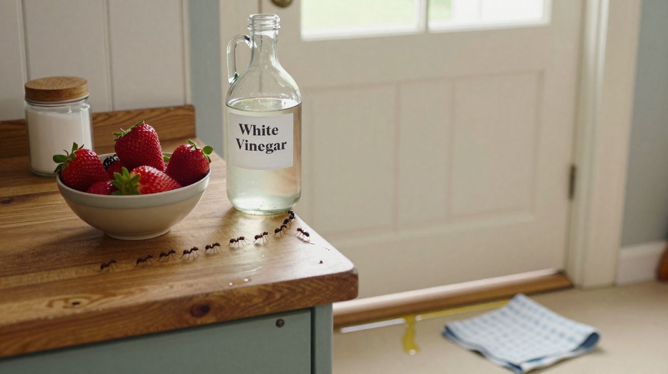 Balde de morangos, garrafa de vinagre branco e formigas a caminhar numa bancada de madeira numa cozinha.