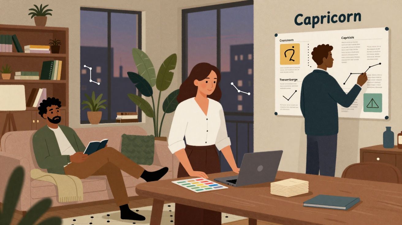 Sala de estar com três pessoas a trabalhar e ler, com cartaz de Capricórnio e janelas ao anoitecer.