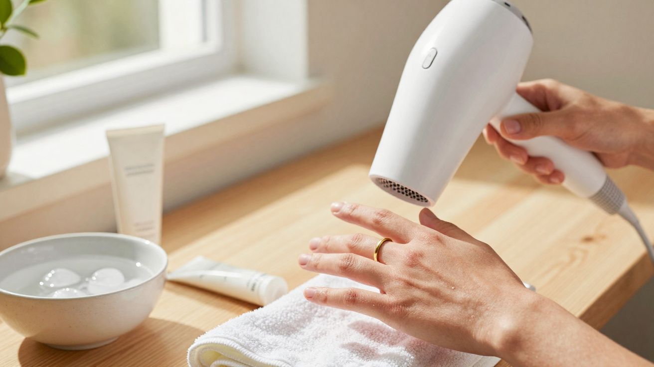 Secagem das mãos com secador branco numa bancada de madeira iluminada por luz natural.