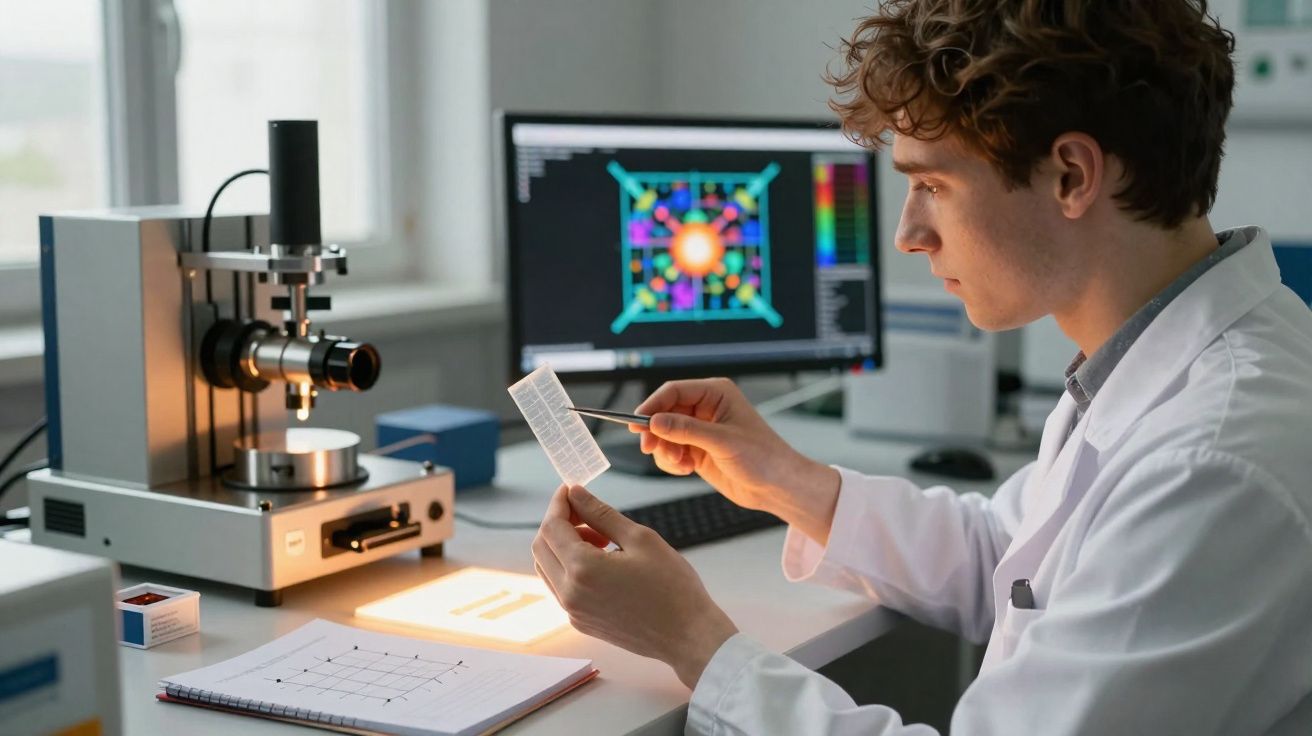 Cientista em laboratório analisa amostra com pinça diante de máquina e monitor com gráficos coloridos.