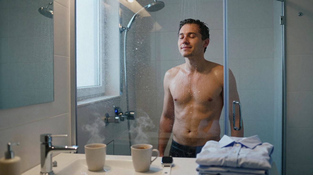 Homem de olhos fechados desfrutando de duche quente numa casa de banho moderna com café na bancada.