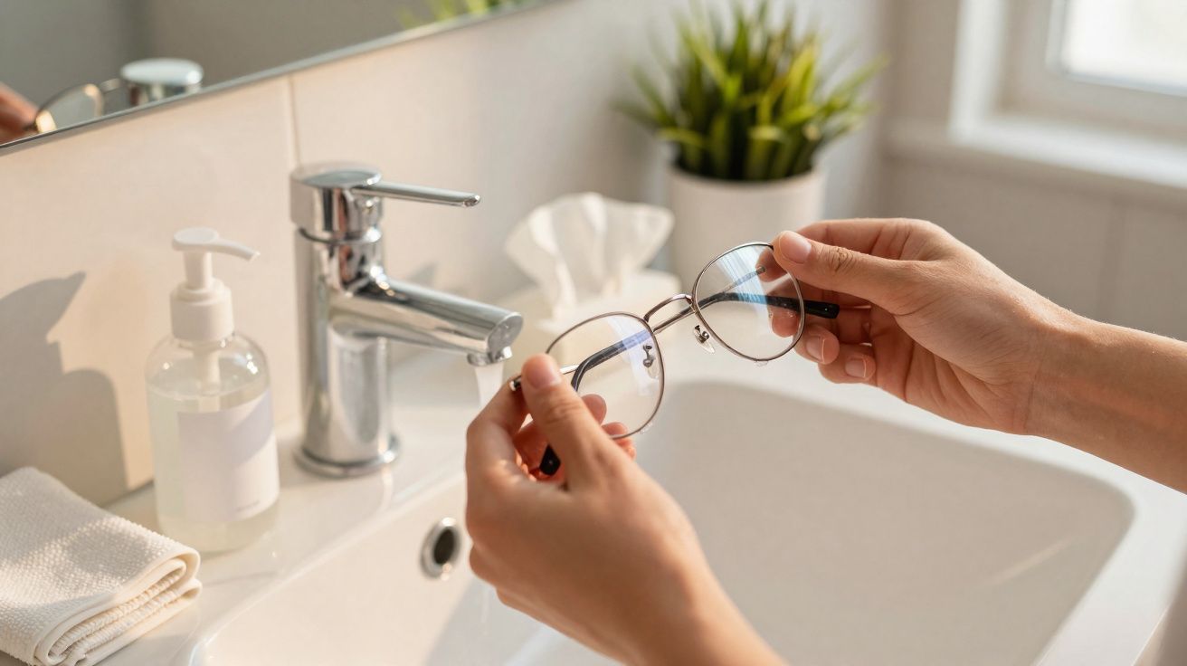 Pessoa a limpar óculos num lavatório com dispensador de sabão e planta decorativa ao fundo.