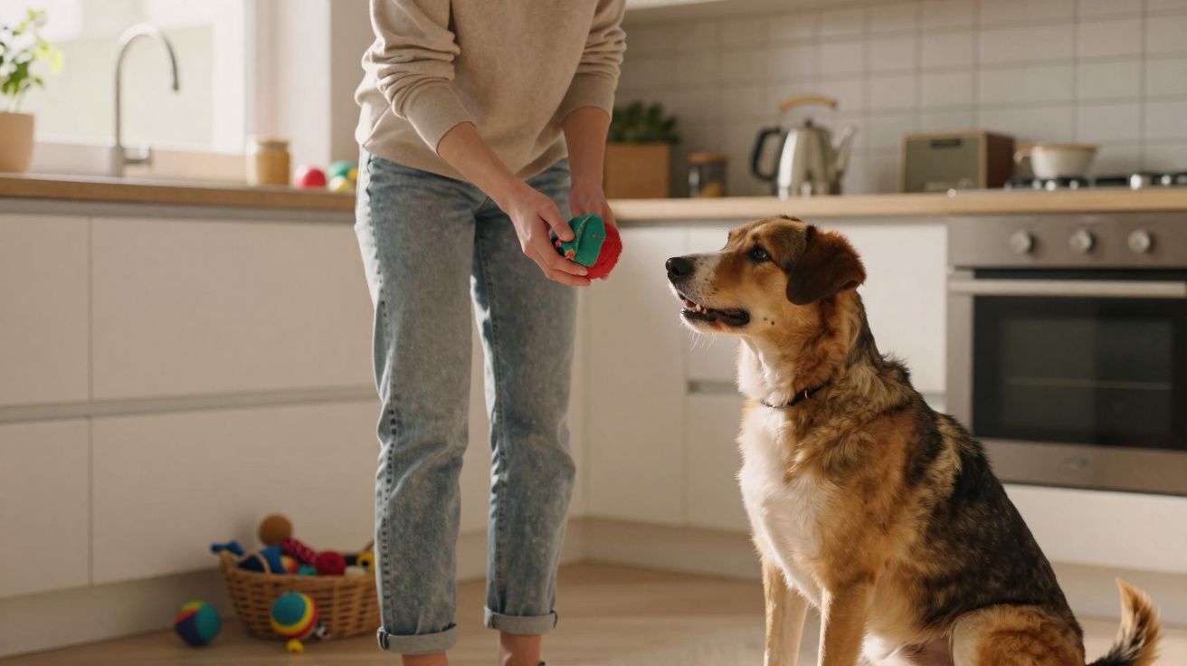 Pessoa preparando-se para brincar com cão sentado numa cozinha moderna e luminosa.