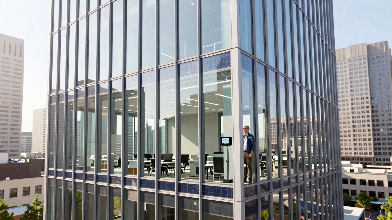 Prédio moderno com fachada de vidro em ambiente urbano, homem de fato a olhar pela janela de escritório.
