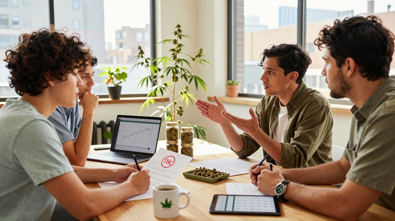 Quatro jovens em reunião discutem plantas e produtos de cannabis num escritório iluminado.