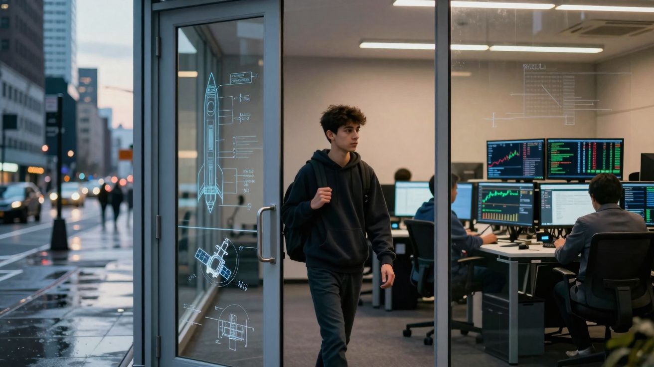 Jovem sai de escritório com monitores de dados e gráficos e desenhos técnicos na porta de vidro.