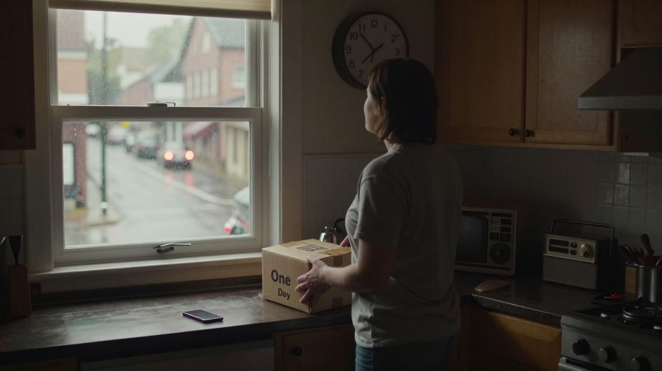 Mulher na cozinha segurando caixa junto à janela, olhando para a rua numa manhã chuvosa.