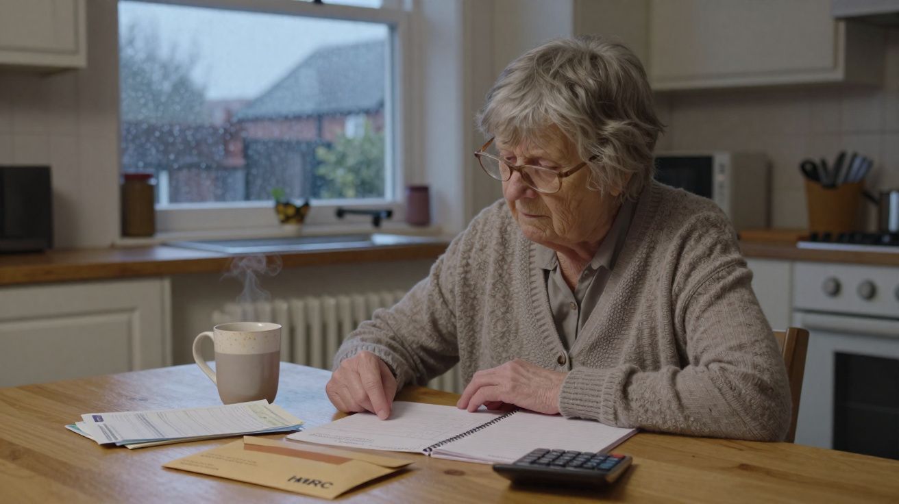 Idosa sentada à mesa a analisar documentos, com chá quente, num ambiente acolhedor de cozinha.