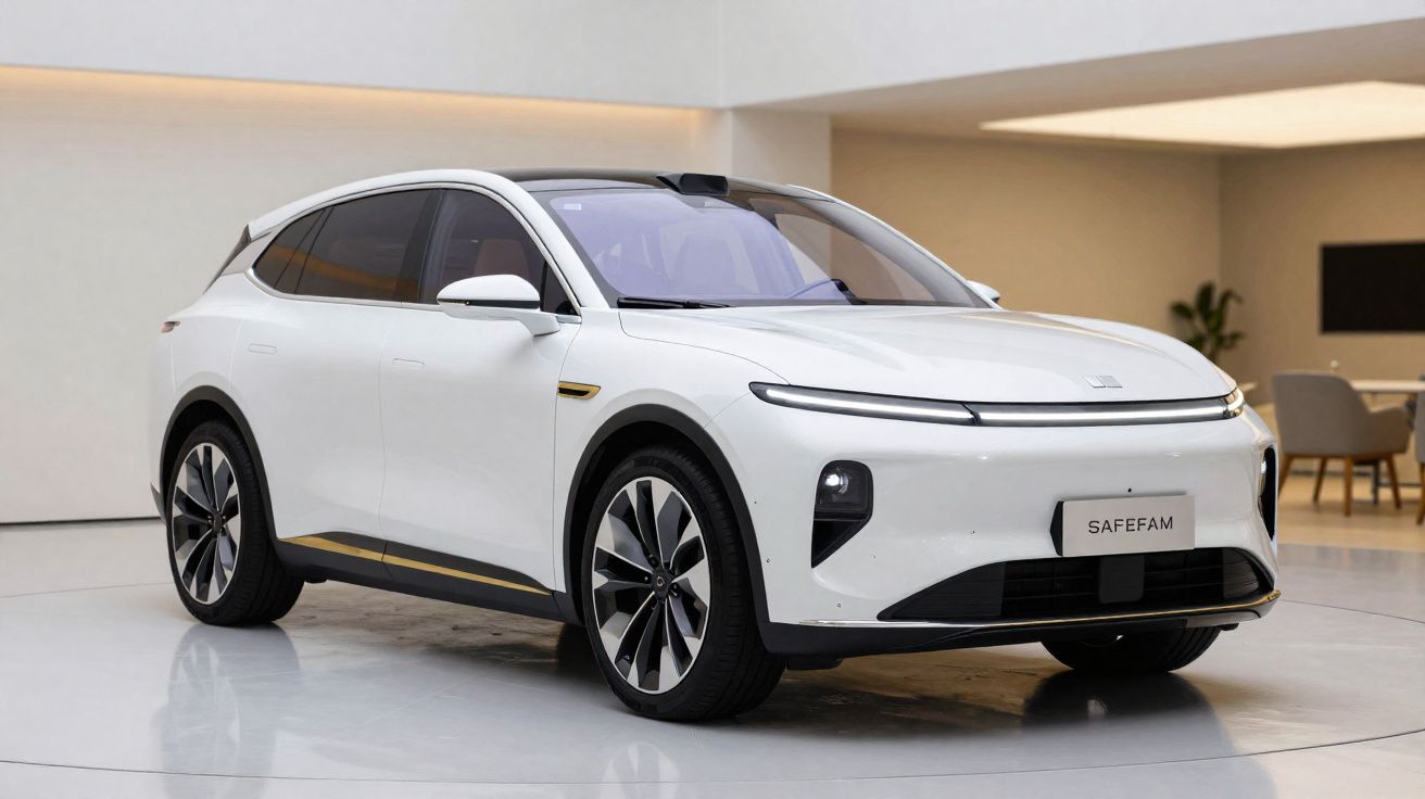 Carro eléctrico branco com design moderno e linhas aerodinâmicas em ambiente interior minimalista.