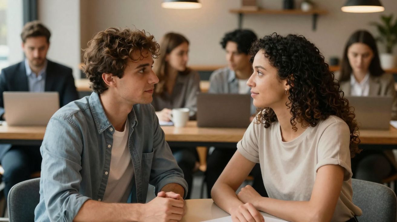 Jovem homem e mulher conversam à mesa num escritório, com outras pessoas a trabalhar ao fundo.