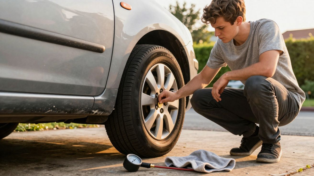 Jovem verifica a pressão do pneu de um carro cinzento num ambiente exterior durante o dia.