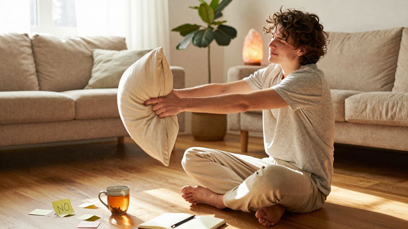 Pessoa sentada no chão da sala a alongar os braços segurando uma almofada à sua frente.