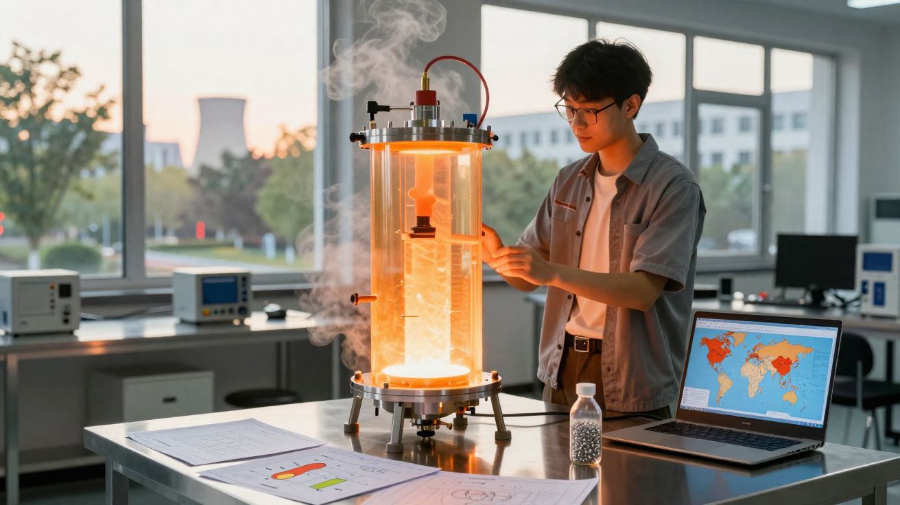 Estudante a realizar experimento científico com equipamento a vapor num laboratório moderno e computador.