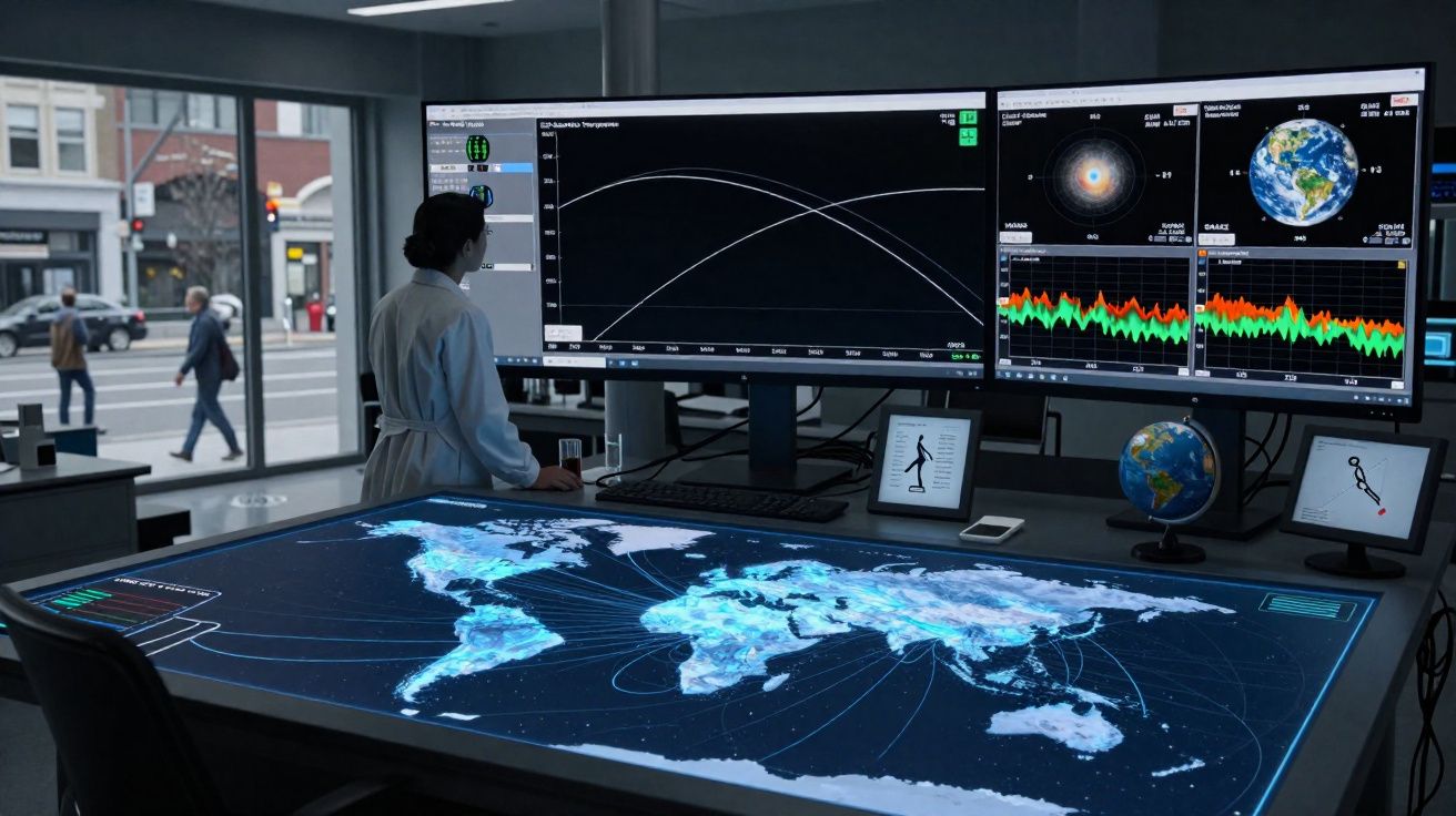 Pessoa em laboratório com mapas digitais e gráficos em vários ecrãs, estudo de dados geográficos e climáticos.