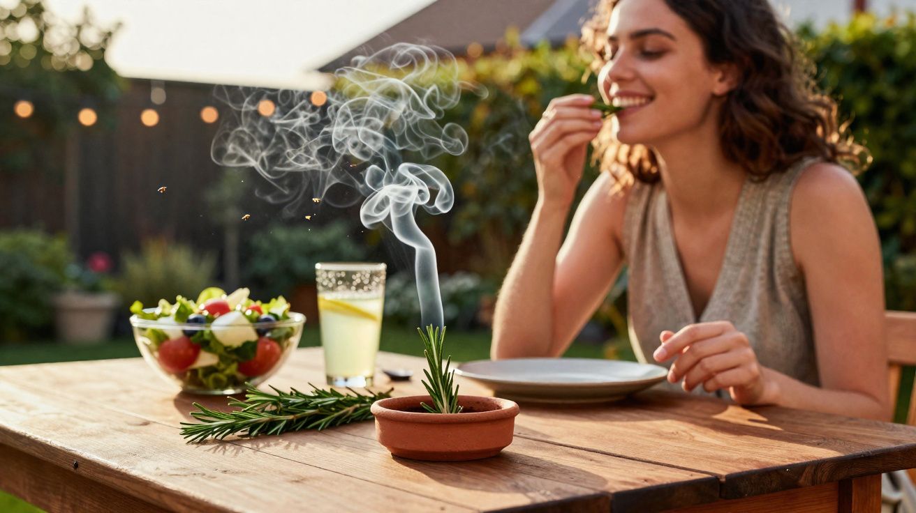 Mulher a comer ao ar livre com prato, salada, bebida e ramo de alecrim a libertar fumo numa tigela.