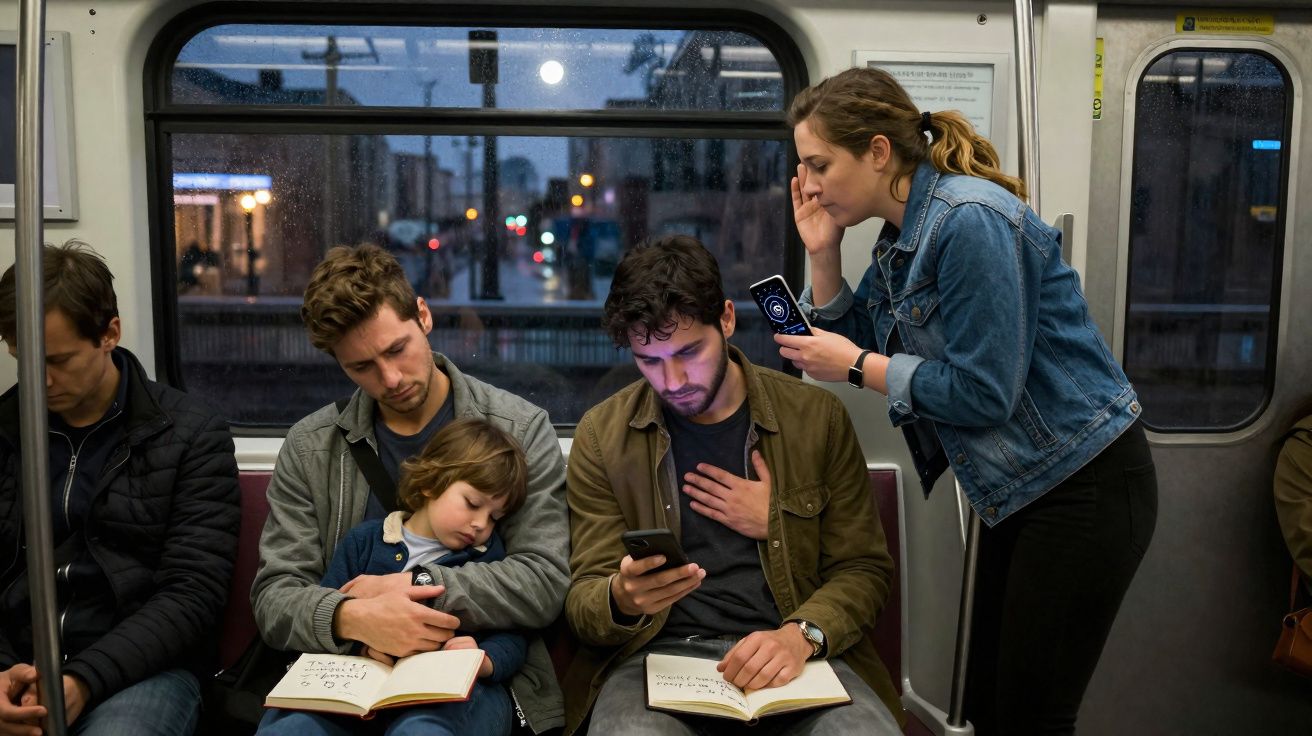 Vários passageiros no metro, incluindo um homem com uma criança ao colo e duas pessoas a olhar para telemóveis.