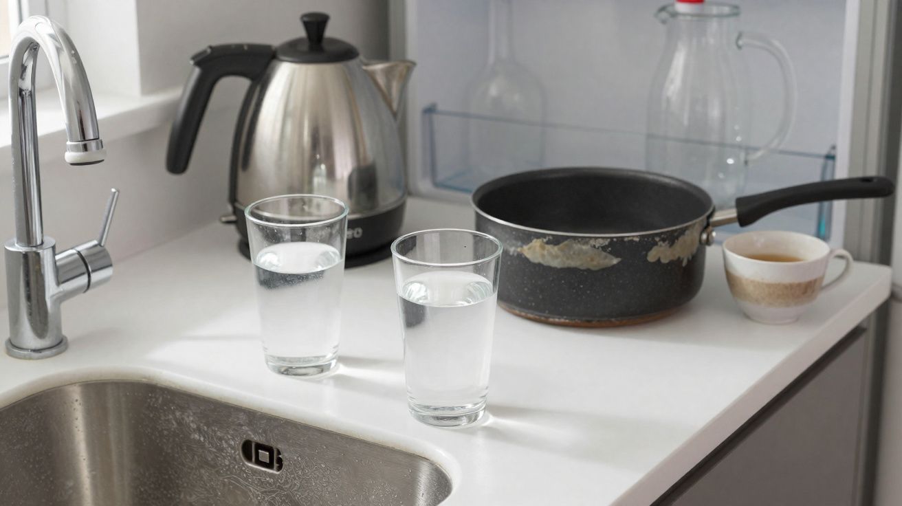 Bancada de cozinha com torneira, dois copos de água, jarro, chaleira, panela e chávena.