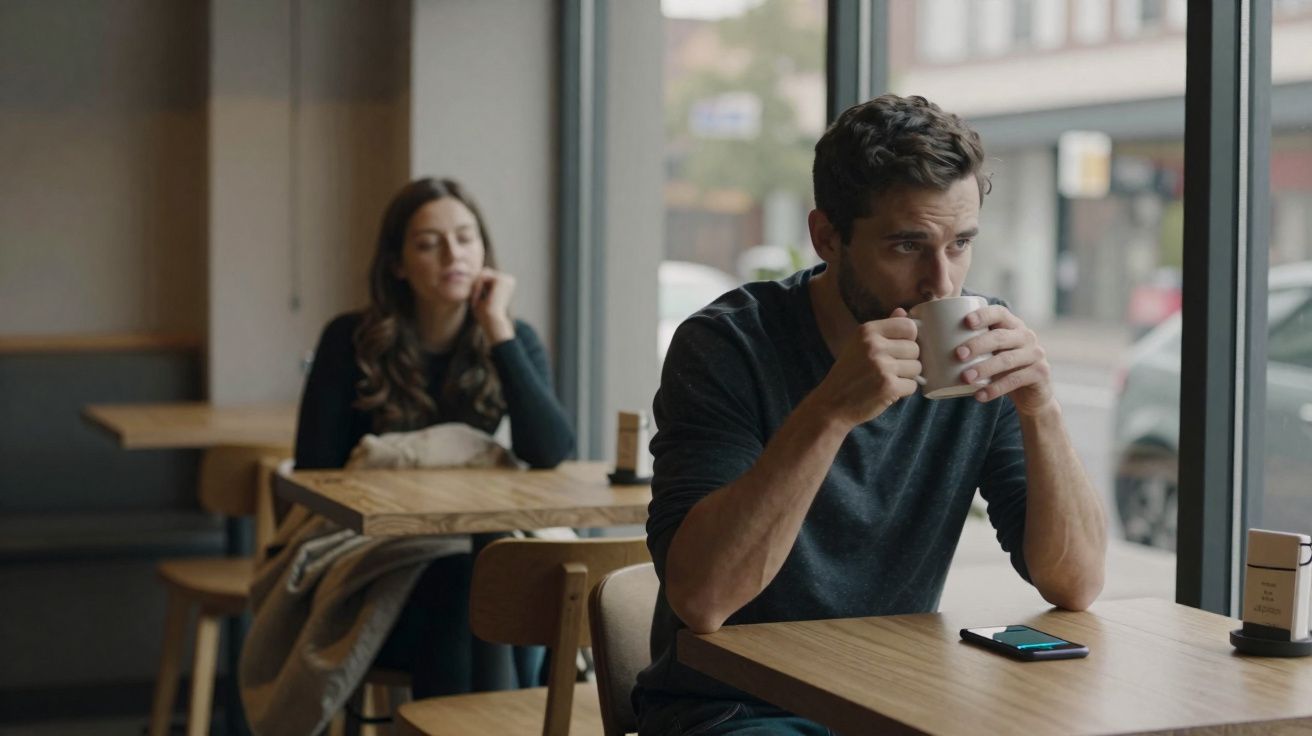 Homem a beber café numa mesa de café, mulher sentada ao fundo olhando para ele.